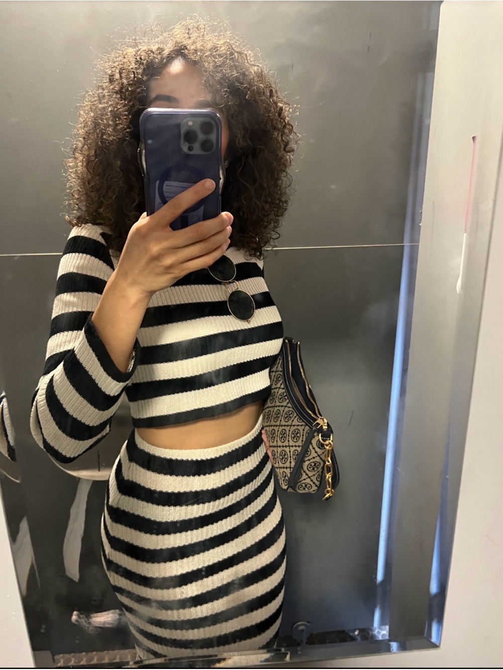 Zara Black and Cream Striped Crewneck Sweater